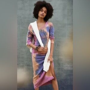 Free People Long Sleeve True Colors Tie Dye Ribbed Midi Dress Top Stitch Detail